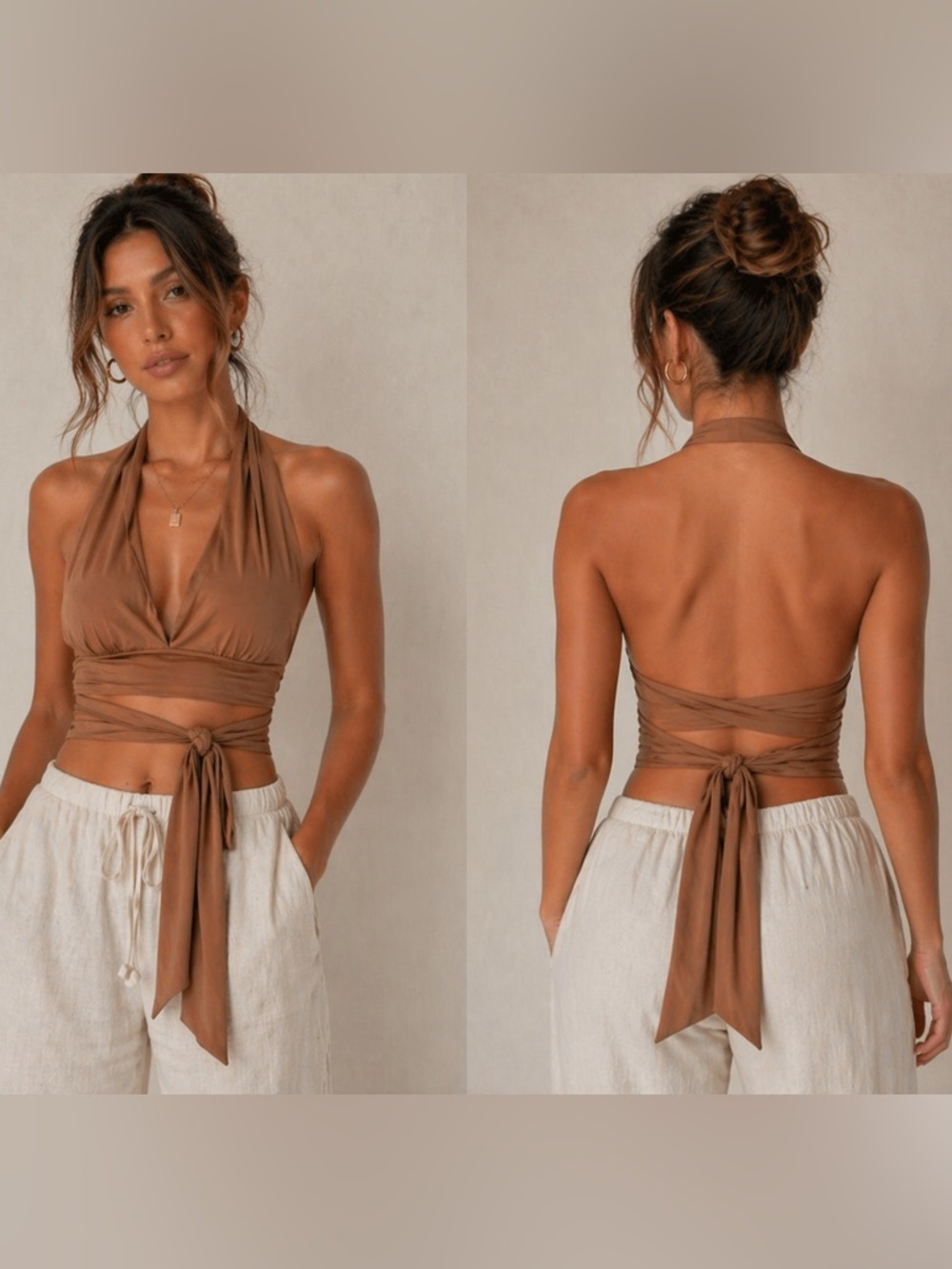 Princess Polly Brown Satin Look Halter Wrap Tie Crop Top Size 4